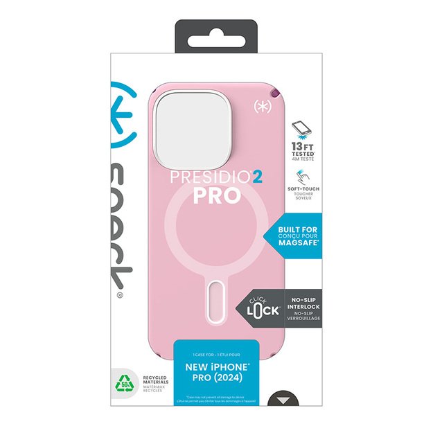 Speck Presidio2 Pro ClickLock & MagSafe – iPhone 16 Pro dėklas (trečiadienio rožinė / Boysenberry violetinė / balta) 20