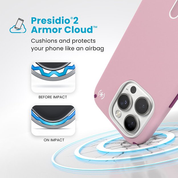 Speck Presidio2 Pro ClickLock & MagSafe – iPhone 16 Pro dėklas (trečiadienio rožinė / Boysenberry violetinė / balta) 10
