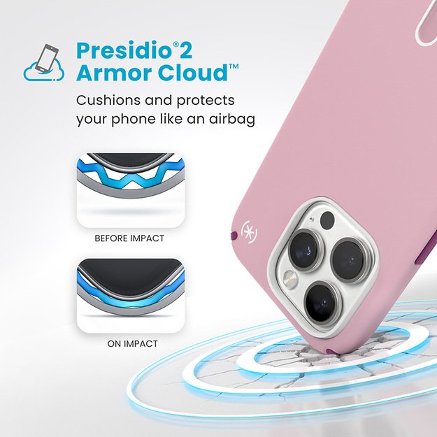 Speck Presidio2 Pro ClickLock & MagSafe – iPhone 16 Pro dėklas (trečiadienio rožinė / Boysenberry violetinė / balta)