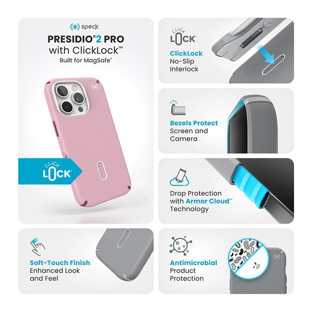 Speck Presidio2 Pro ClickLock & MagSafe – iPhone 16 Pro dėklas (trečiadienio rožinė / Boysenberry violetinė / balta)