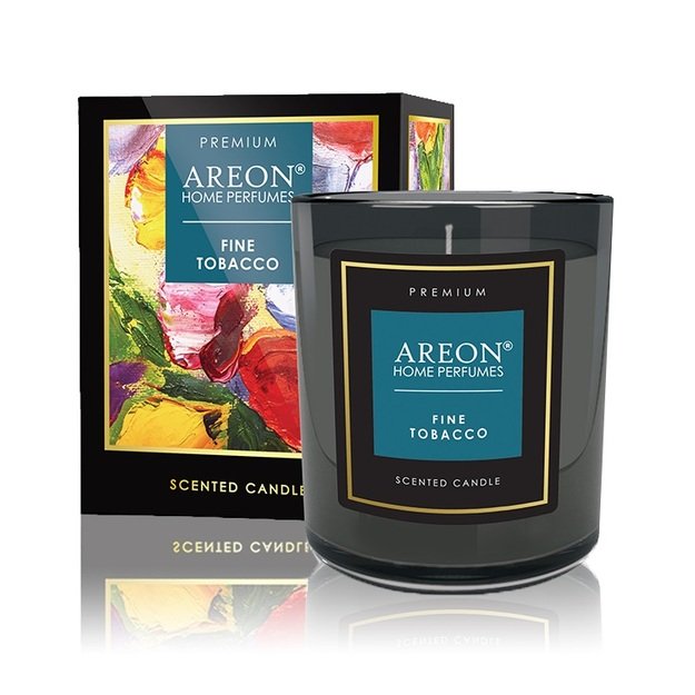 Aromatinė žvakė FINE TOBACCO su kortele palinkėjimui įra&scaron;yti ir degtukais (~40 h), 200g │ AREON  