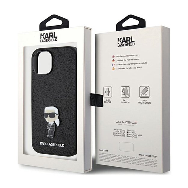 Karl Lagerfeld Fixed Glitter Ikonik Logo Metal Pin – iPhone 15/14/13 dėklas (juodas)