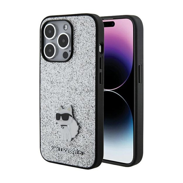 Karl Lagerfeld Fixed Glitter Choupette Logo Metal Pin - Case iPhone 15 Pro Max (sidabrinis)