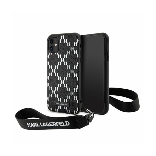 Karl Lagerfeld Monogram Losange Saffiano – dėklas su dirželiu, skirtas iPhone 11 (juodas)