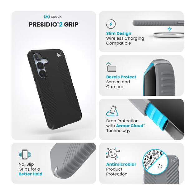 Speck Presidio2 Grip – dėklas, skirtas Samsung Galaxy S25 / S24 (juodas / šiferio pilkas / baltas) 6