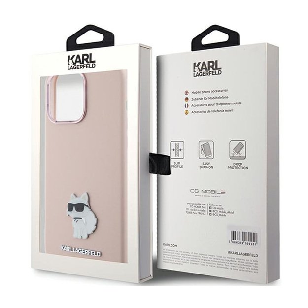 Karl Lagerfeld Silicone Choupette Metal Pin – iPhone 15 Pro Case (rožinis)