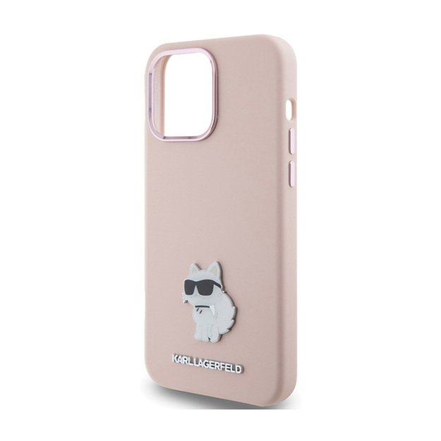 Karl Lagerfeld Silicone Choupette Metal Pin – iPhone 15 Pro Case (rožinis)