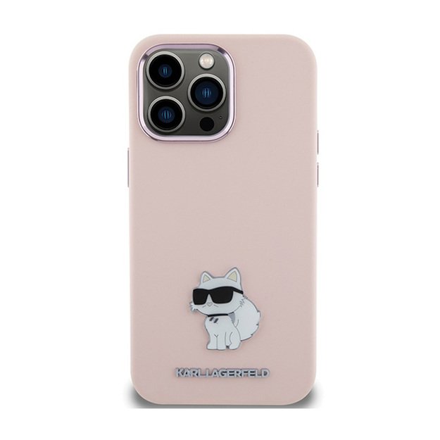 Karl Lagerfeld Silicone Choupette Metal Pin – iPhone 15 Pro Case (rožinis)