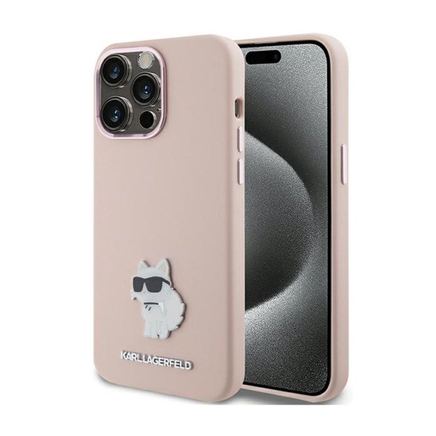 Karl Lagerfeld Silicone Choupette Metal Pin – iPhone 15 Pro Case (rožinis)