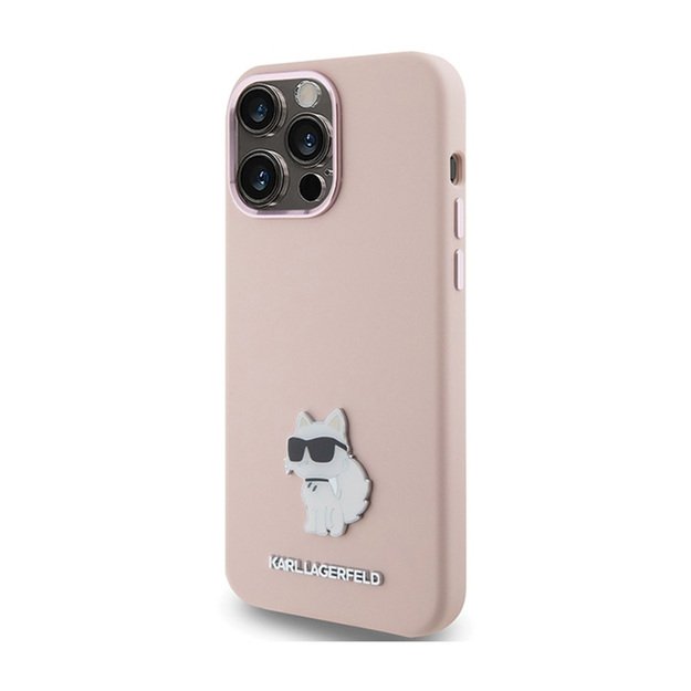 Karl Lagerfeld Silicone Choupette Metal Pin – iPhone 15 Pro Case (rožinis)