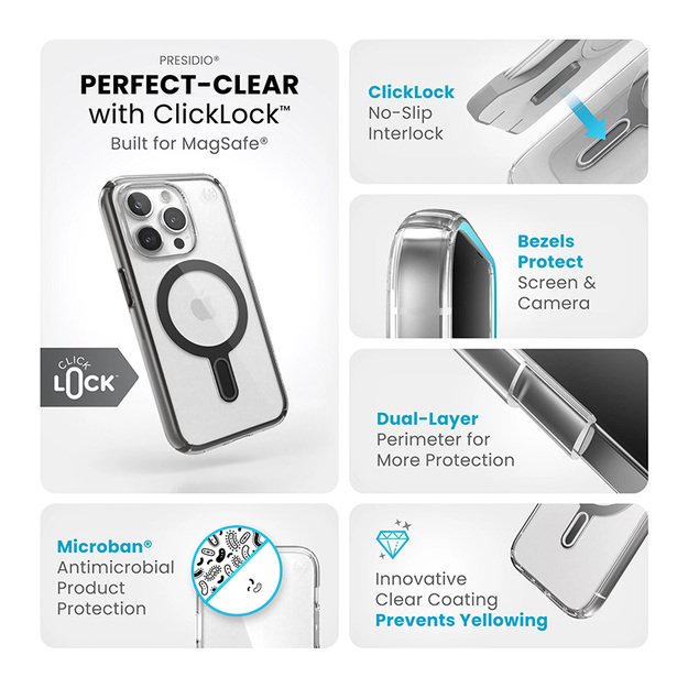 Speck Presidio Perfect-Clear ClickLock & Magsafe – dėklas, skirtas iPhone 15 Pro (skaidrus / matinis juodas / šiferio pilkas) 4