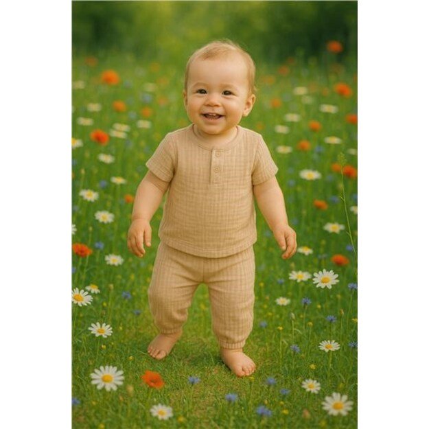 Kūdikių muslino rinkinys Marškinėliai ir kelnės New Baby smėlio spalvos, 68 (4-6m)
