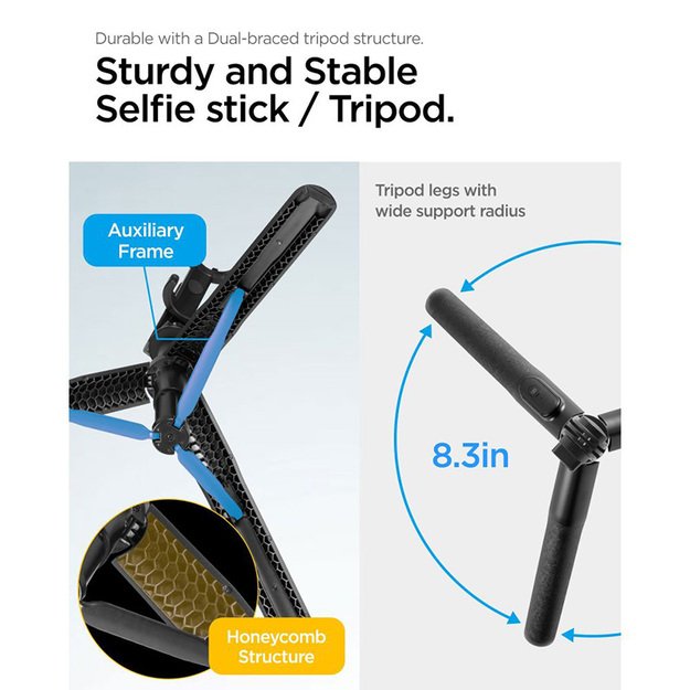 „Spigen S560W Bluetooth“ asmenukių lazdos trikojis – išmaniojo telefono trikojis / asmenukių lazdos laikiklis (juodas)