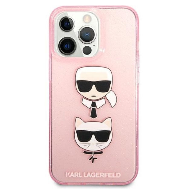Karl Lagerfeld blizgučiais puoštas Karl & Choupette dėklas, skirtas iPhone 13 Pro (rožinis)