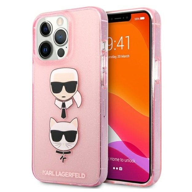 Karl Lagerfeld blizgučiais puoštas Karl & Choupette dėklas, skirtas iPhone 13 Pro (rožinis)