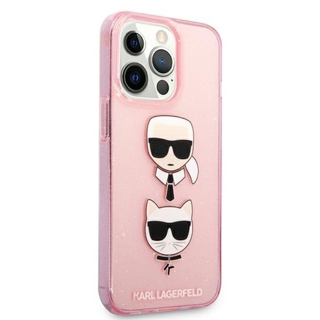 Karl Lagerfeld blizgučiais puoštas Karl & Choupette dėklas, skirtas iPhone 13 Pro (rožinis)