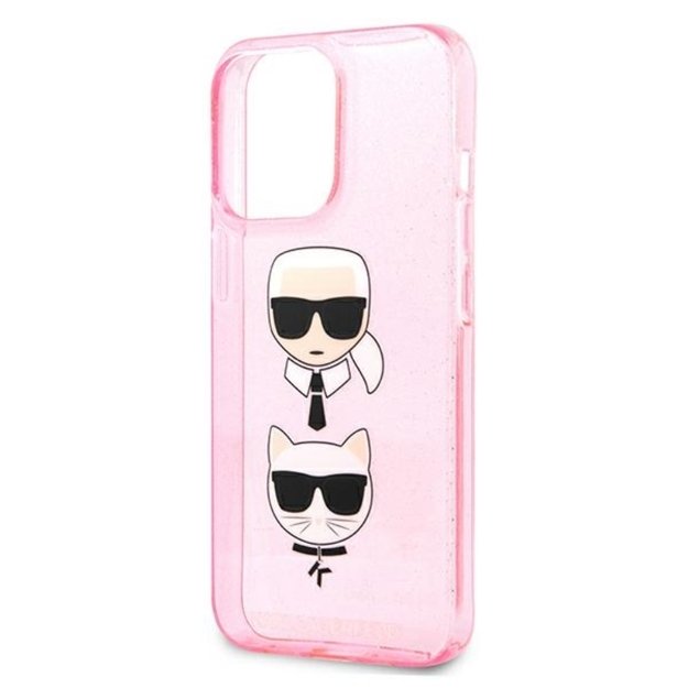 Karl Lagerfeld blizgučiais puoštas Karl & Choupette dėklas, skirtas iPhone 13 Pro (rožinis)