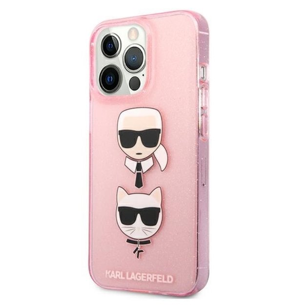 Karl Lagerfeld blizgučiais puoštas Karl & Choupette dėklas, skirtas iPhone 13 Pro (rožinis)