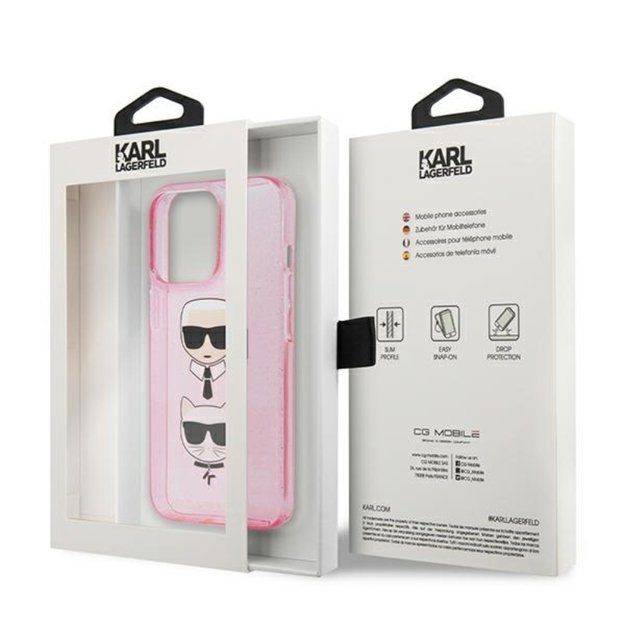 Karl Lagerfeld blizgučiais puoštas Karl & Choupette dėklas, skirtas iPhone 13 Pro (rožinis)