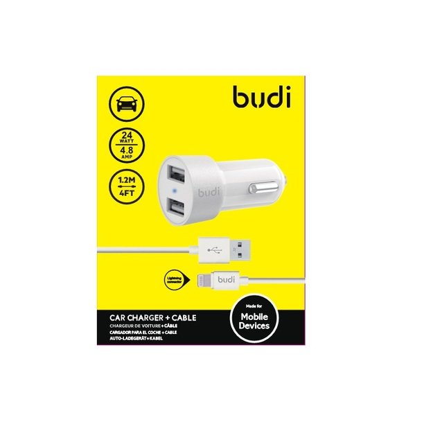 Budi - 2 USB automobilinis įkroviklis su LED indikatoriumi+žaibo laidu