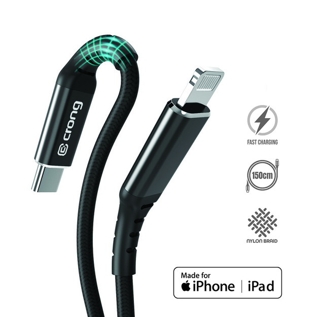 Crong Armor Link – USB-C su Lightning MFi pintas kabelis 150 cm (juodas)