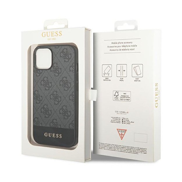 Guess 4G Bottom Stripe Metal Logo Collection – dėklas, skirtas iPhone 14 Plus (pilkas)