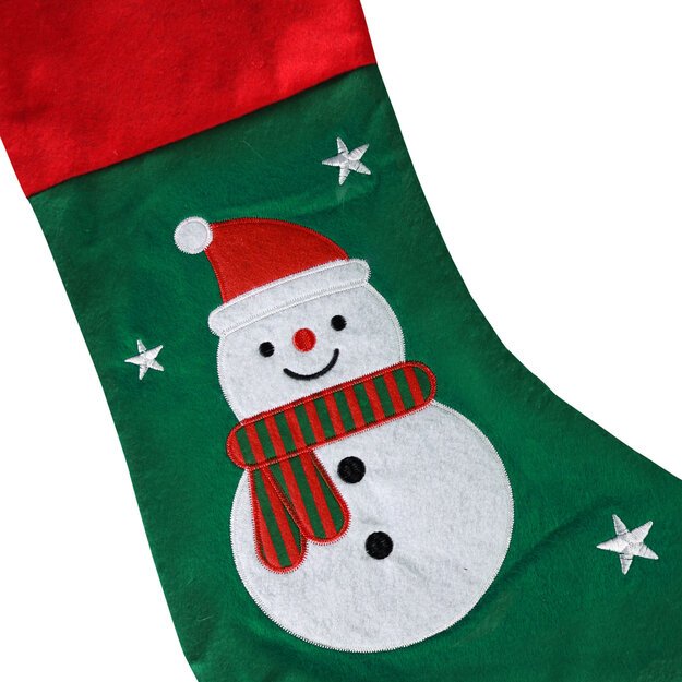 Green Christmas stocking with a snowman