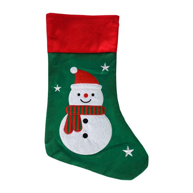 Green Christmas stocking with a snowman