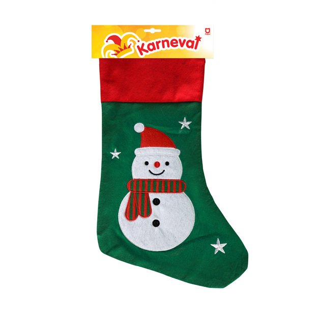 Green Christmas stocking with a snowman
