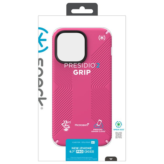 „Speck Presidio2 Grip“ – „iPhone 14 Pro max“ skirtas dėklas su MICROBAN danga (skaitmeninė rožinė / „Blossompink“ / balta)