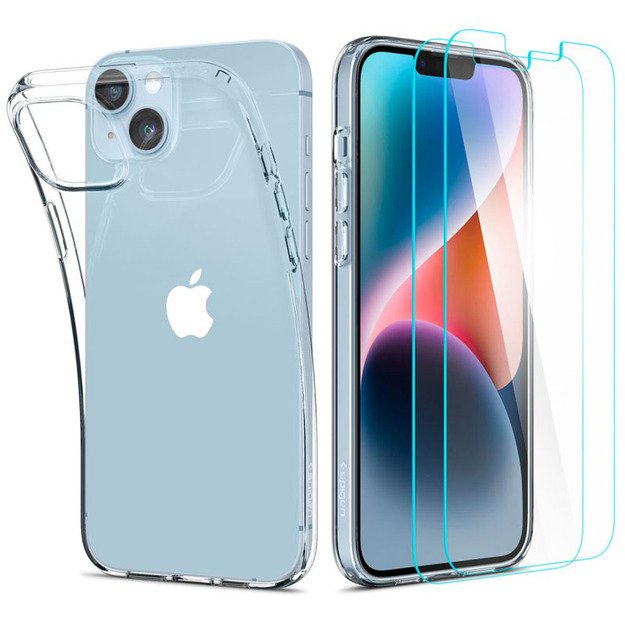 Spigen Crystal Pack – iPhone 15 Plus / iPhone 14 Plus dėklo rinkinys + apsauginis stiklas (skaidrus)