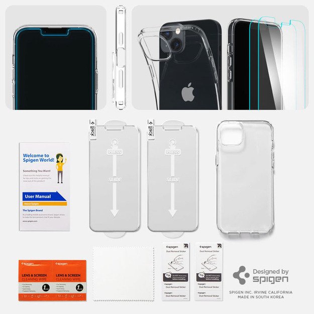 Spigen Crystal Pack – iPhone 15 Plus / iPhone 14 Plus dėklo rinkinys + apsauginis stiklas (skaidrus)