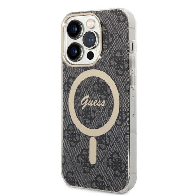 Guess Bundle Pack MagSafe 4G – iPhone 14 Pro dėklo rinkinys + MagSafe įkroviklis (juodas / auksinis)