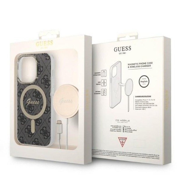 Guess Bundle Pack MagSafe 4G – iPhone 14 Pro dėklo rinkinys + MagSafe įkroviklis (juodas / auksinis)