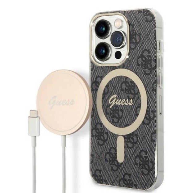 Guess Bundle Pack MagSafe 4G – iPhone 14 Pro dėklo rinkinys + MagSafe įkroviklis (juodas / auksinis)