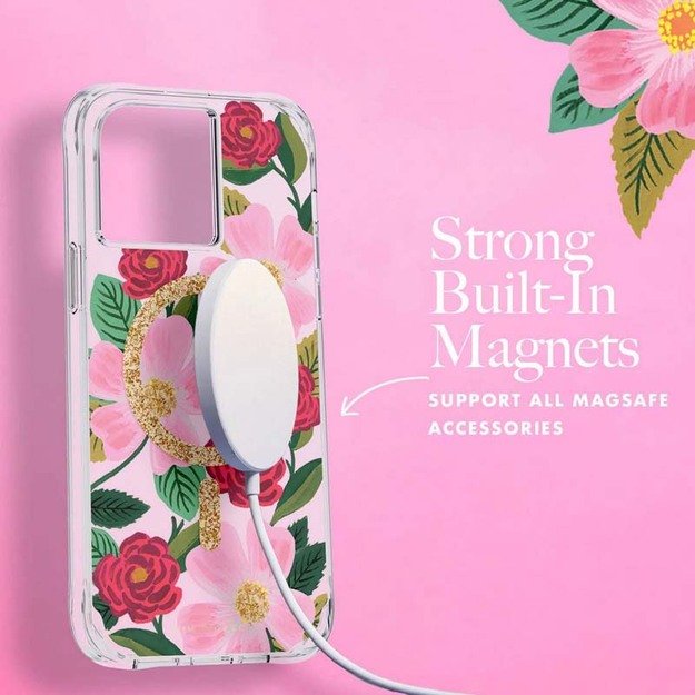 Skaidrus šautuvų popierius „MagSafe“ – aukso spalvos dėklas, skirtas „iPhone 14 Plus“ („Rose Garden“)