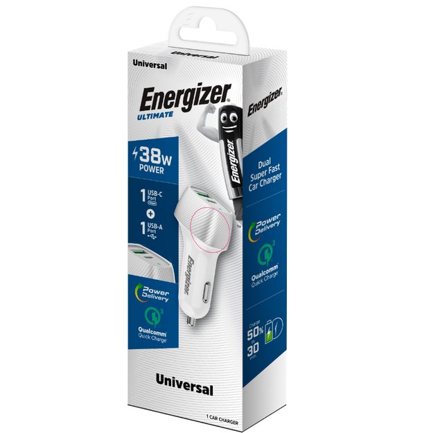 Energizer Ultimate – USB-C ir USB-A 38W PD + QC3.0 automobilinis įkroviklis (balta / sidabrinė)