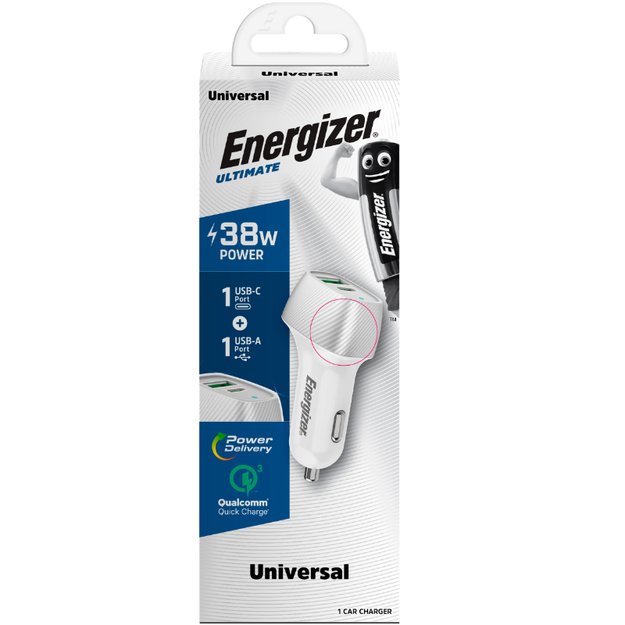 Energizer Ultimate – USB-C ir USB-A 38W PD + QC3.0 automobilinis įkroviklis (balta / sidabrinė) 22