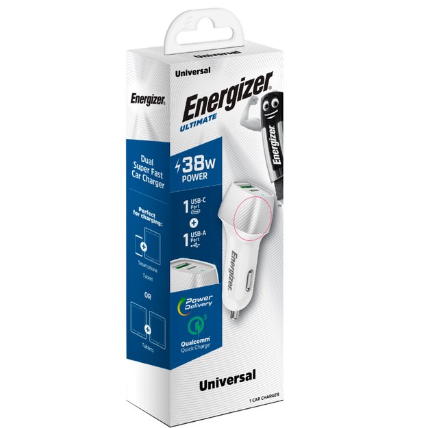 Energizer Ultimate – USB-C ir USB-A 38W PD + QC3.0 automobilinis įkroviklis (balta / sidabrinė)