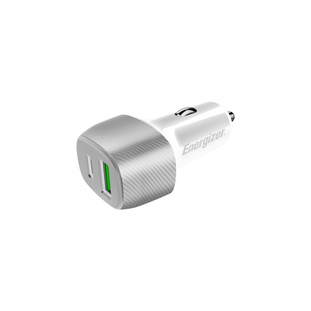 Energizer Ultimate – USB-C ir USB-A 38W PD + QC3.0 automobilinis įkroviklis (balta / sidabrinė)