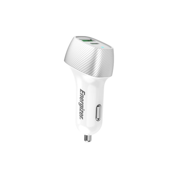 Energizer Ultimate – USB-C ir USB-A 38W PD + QC3.0 automobilinis įkroviklis (balta / sidabrinė)