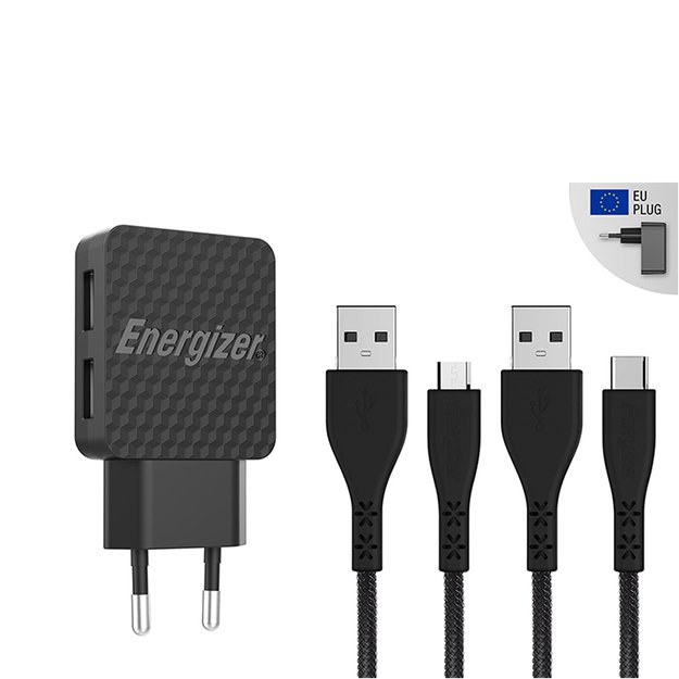 Energizer HardCase – 2x USB-A 12W maitinimo įkroviklis + USB-C ir mikro USB laidas (juodas)