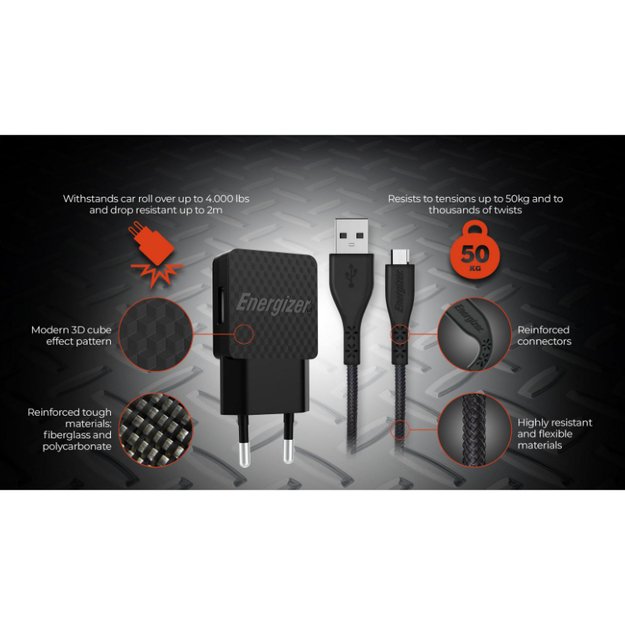 Energizer HardCase – 2x USB-A 12W maitinimo įkroviklis + USB-C ir mikro USB laidas (juodas) 11