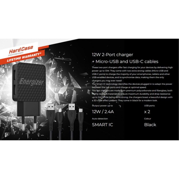 Energizer HardCase – 2x USB-A 12W maitinimo įkroviklis + USB-C ir mikro USB laidas (juodas) 10