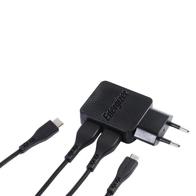 Energizer HardCase – 2x USB-A 12W maitinimo įkroviklis + USB-C ir mikro USB laidas (juodas) 3