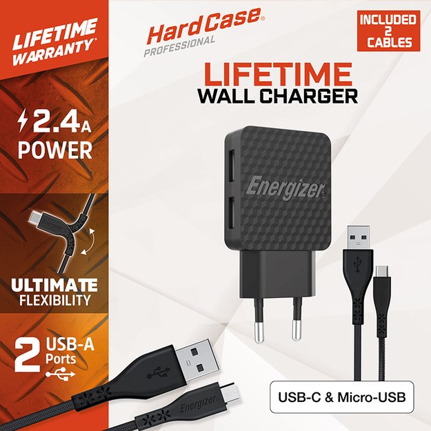 Energizer HardCase – 2x USB-A 12W maitinimo įkroviklis + USB-C ir mikro USB laidas (juodas)