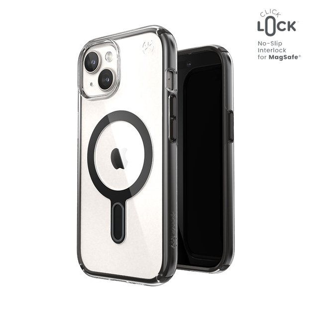 Speck Presidio Perfect-Clear ClickLock & Magsafe – dėklas, skirtas iPhone 15 / iPhone 14 / iPhone 13 (skaidrus / matinis juodas / šiferio pilkas)