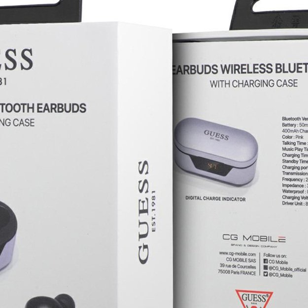 Guess True Wireless Earphones BT5.0 5H – TWS ausinės + įkrovimo dėklas (violetinė) 10