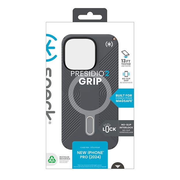 Speck Presidio2 Grip ClickLock & MagSafe – dėklas, skirtas iPhone 16 Pro (anglies pilka / šalta bronzinė / balta)