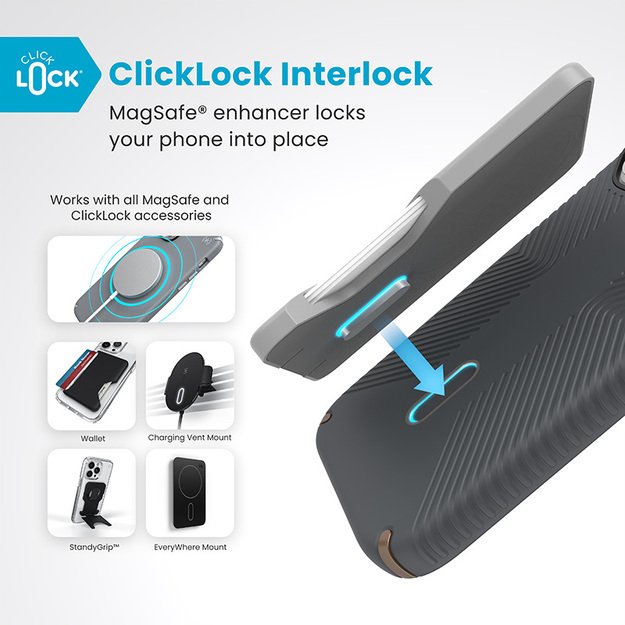 Speck Presidio2 Grip ClickLock & MagSafe – dėklas, skirtas iPhone 16 Pro (anglies pilka / šalta bronzinė / balta)